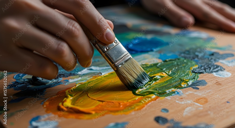 Obraz premium Close-up of Artist's Hand Mixing Paints on a Wooden Palette with Brush, Art Studio Photography