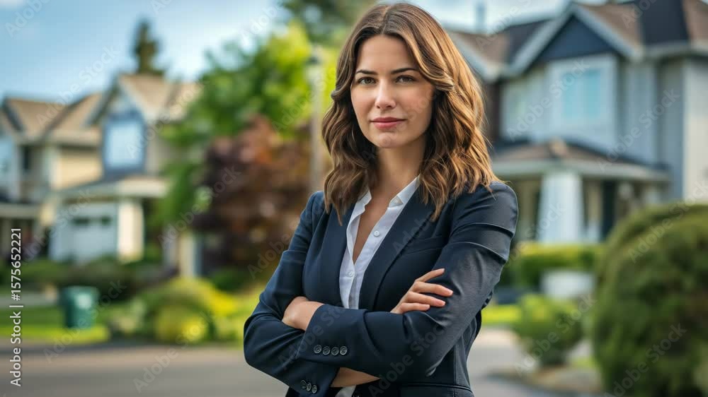 Professional female realtor or real estate agent standing confidently outdoors in front of residential homes, footage. Professional female realtor or real estate agent standing confidently outdoors in front of residential homes, footage.