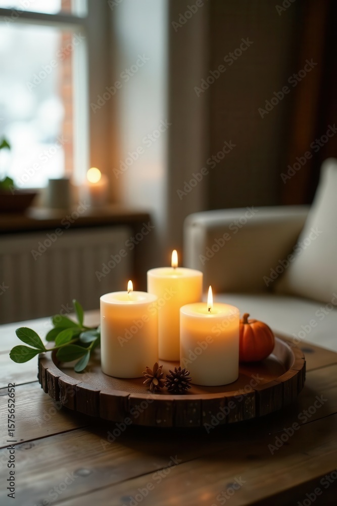 Rustic wooden tray holds flickering candles, cozy home scene , wooden tray, serenity Rustic wooden tray holds flickering candles, cozy home scene , wooden tray, serenity