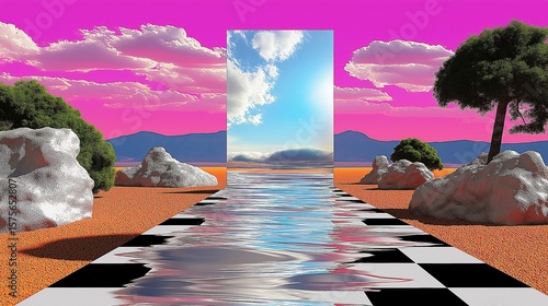 A vaporwave-style digital artwork of a bizarre desert with a pink sky, where a reflective checkerboard path leads to a portal showing a realistic blue sky. A concept for dreams and alternate realities