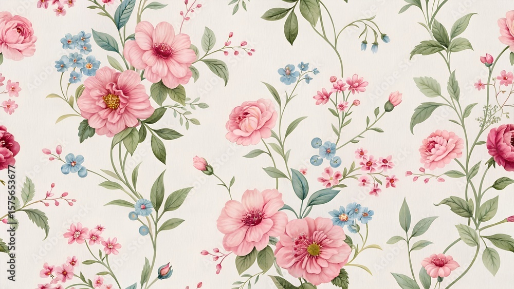 Fototapeta premium Vintage Floral Rose Pattern Background with Leaves