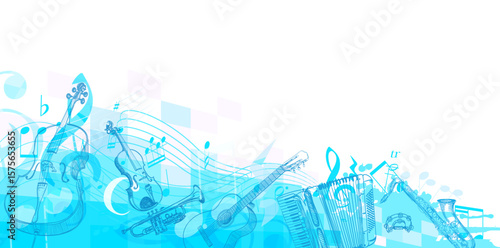 Vibrant blue abstract background with hand-drawn musical instruments including violin, cello, trumpet, guitar, accordion, saxophone, and tambourine. Flowing musical notes and staff lines