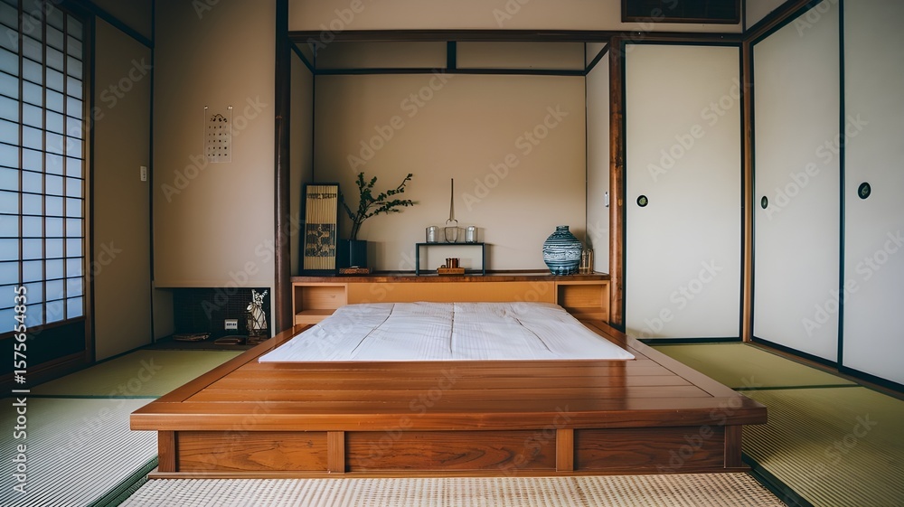 Fototapeta premium A tranquil and minimalist Japanese-style bedroom features a low wooden platform bed with a white futon mattress. The bed is situated within a traditional room defined by dark wooden beams and transluc
