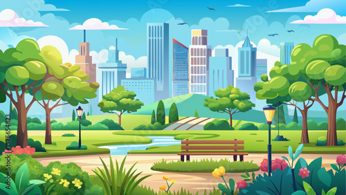 Beautiful summer or spring outdoor urban city park with lush greenery and panoramic cityscape. Horizontal banner design with vibrant and fresh atmosphere. Vector illustration