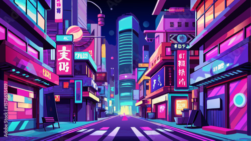 Neon pink and purple lit night city street in Japan, filled with vibrant signs, bustling atmosphere, and modern urban elements. Dynamic and colorful scene. Vector illustration