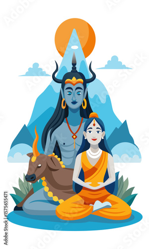 Shiva and parvati meditating together with nandi in a serene mountain landscape