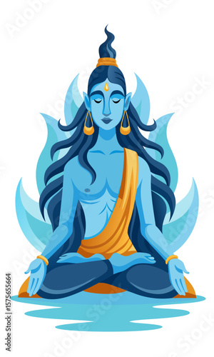 Blue skinned hindu deity shiva meditating in lotus pose with flowing hair and orange cloth