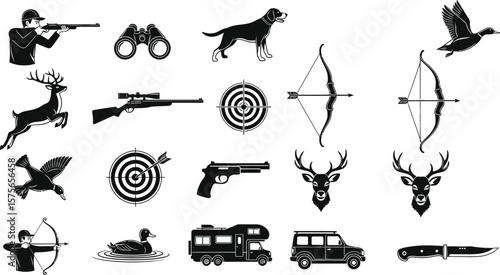 A collection of hunting themed icons including animals, tools and vehicles