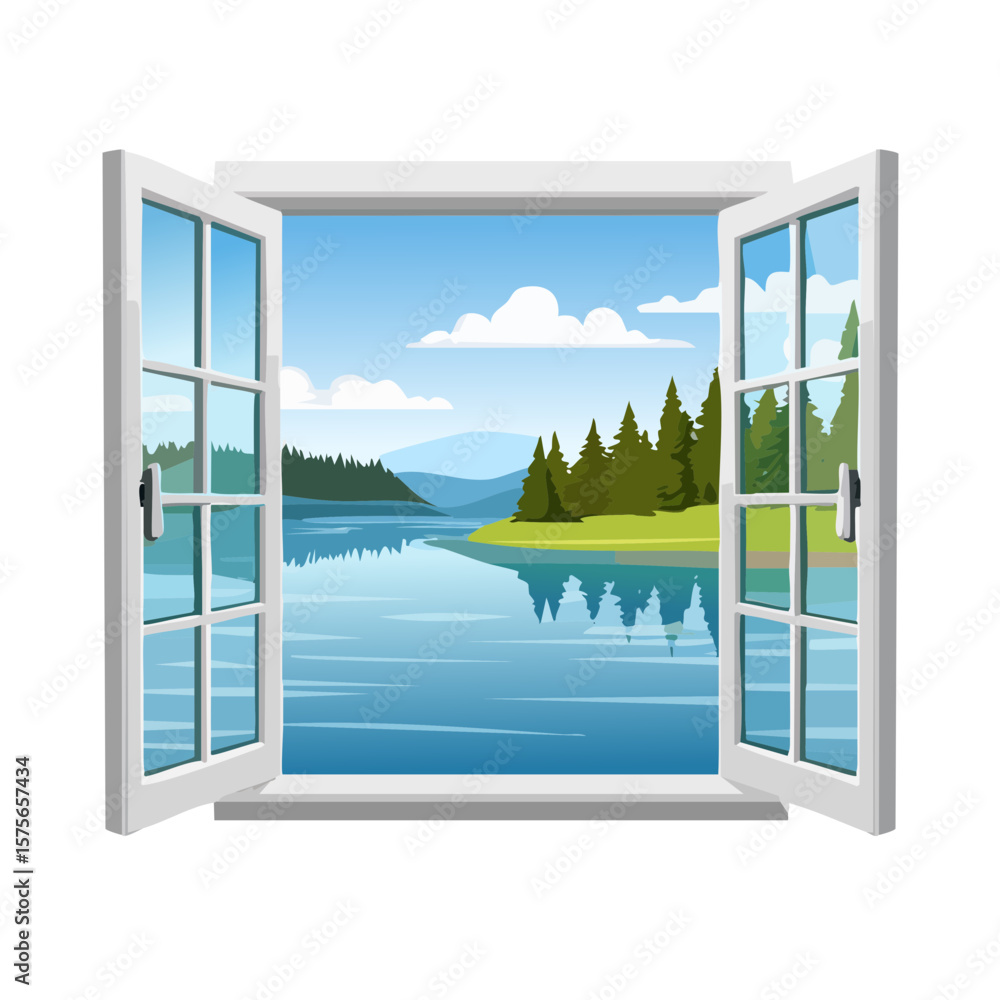 Fototapeta premium Open window overlooking a serene lake surrounded by forests and mountains