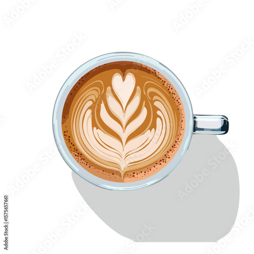 Top-Down View of Latte Art with Heart and Leaf Design in White Cup