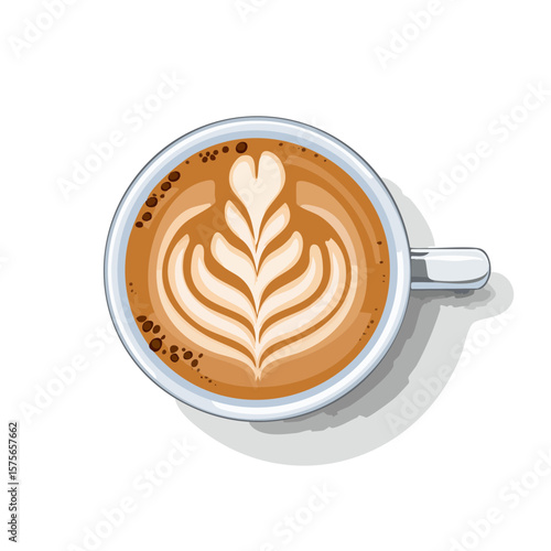 Top-Down Illustration of Coffee Cup with Latte Art on a White Background