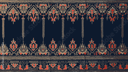 Filipino folk art yakan cloth seam vector, Traditional textile pattern with intricate geometric design featuring brown, blue and tan colors creating a seamless border