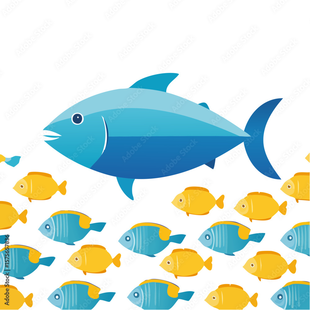 Naklejka premium Illustration of a large fish and school of smaller fish in water