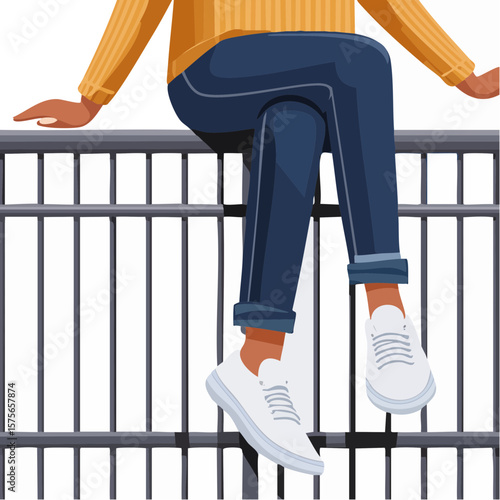 Person Sitting on a Metal Fence in Relaxed Casual Style