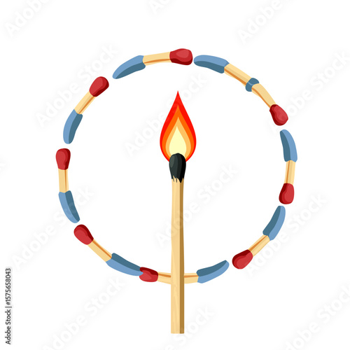 Burning Match Surrounded by Unlit Matches on Black Background