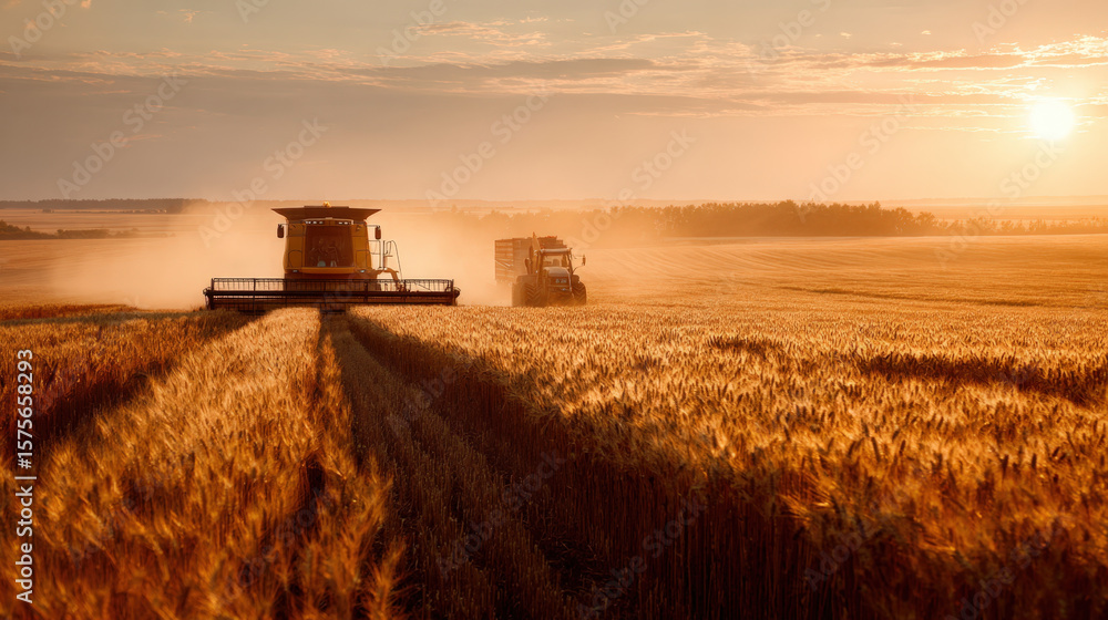 Fototapeta premium Combine harvester and tractor working in wheat field at dusk with golden dust
