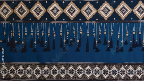 Filipino folk art yakan cloth seam vector, Traditional textile pattern with intricate geometric design featuring brown, blue and tan colors creating a seamless border