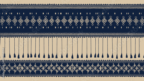 Filipino folk art yakan cloth seam vector, Traditional textile pattern with intricate geometric design featuring brown, blue and tan colors creating a seamless border