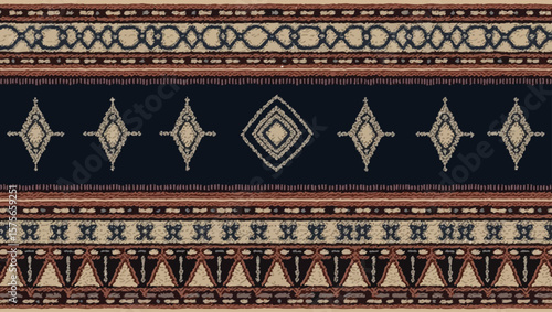 Filipino folk art yakan cloth seam vector, Traditional textile pattern with intricate geometric design featuring brown, blue and tan colors creating a seamless border