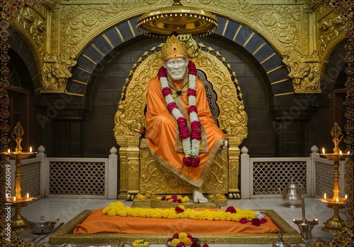 Sai Baba Statue in Temple with Golden Architecture, Candles, and Garland.