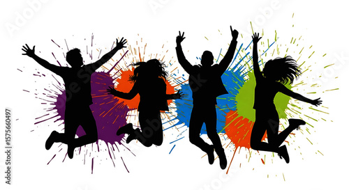 Joyful Silhouettes: Four People Jumping with Colorful Splatter Background