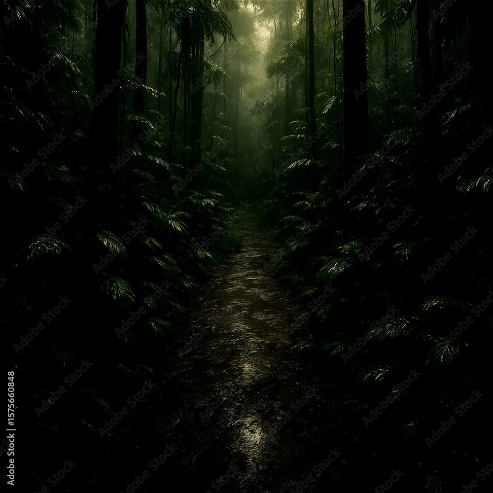 Fototapeta premium Mysterious rainforest path with lush green foliage and moody light, adventure and exploration in dense tropical jungle, natural wilderness background