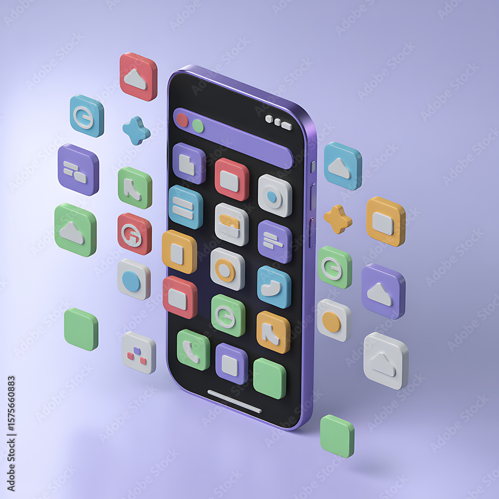 Modern smartphone displaying colorful app icons floating around its screen Modern smartphone displaying colorful app icons floating around its screen
