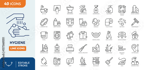 Hygiene line editable icon set. Containing cleaning, soap, disinfection, bathing, sweep, shower, washing hands, clean, sanitation, and more. Editable stroke. Vector illustration