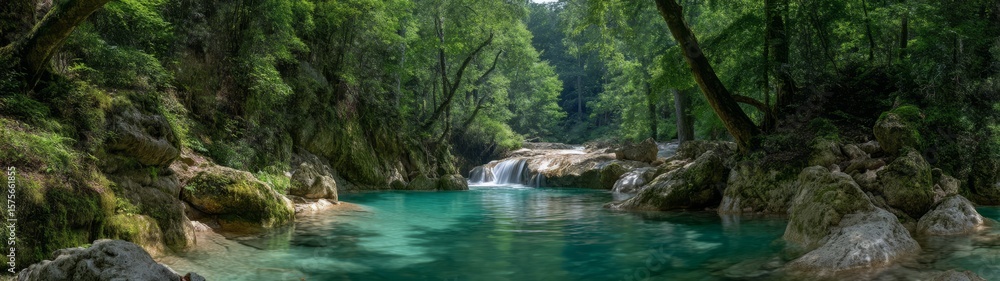 Fototapeta premium Captivating 360 degrees hdr panoramic view of serene nature waterfall in lush forest