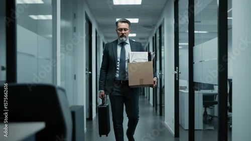 Job Loss and Career Change: A businessman walks down the office hallway holding a cardboard box