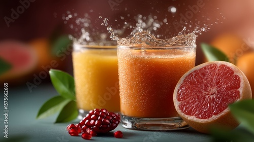 Two glasses of fresh juice with splashes, accompanied by a grapefruit half and pomegranate seeds on a table.