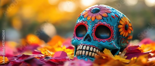 A brightly decorated sugar skull is featured in a colorful setting, celebrating the Mexican Day of the Dead tradition