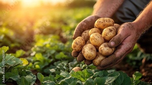A Closeup of a farmers hands holding freshly harvested potatoes in a sunlit field