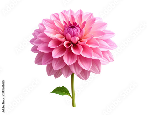Side View of Elegant Pink Dahlia with Stem and Leaf, Isolated on White Background.