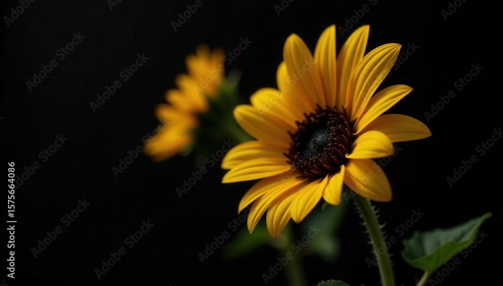 Fototapeta premium Single sunflower, vibrant yellow against stark black backdrop, illustration, plant, black background