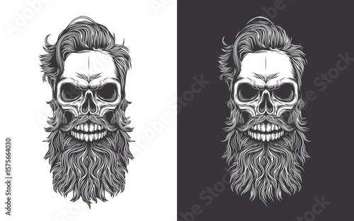 Hipster skull with fashionable hairstyle and long beard. Original vector illustration in vintage style. Perfect for t-shirt prints, posters, tattoos, gothic designs or Halloween themes.