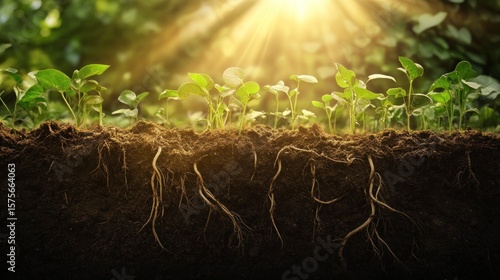 Sprouting plants and roots in soil