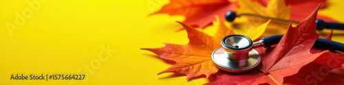 Stethoscope nestled amongst vibrant maple leaves; yellow backdrop , nature, autumnal