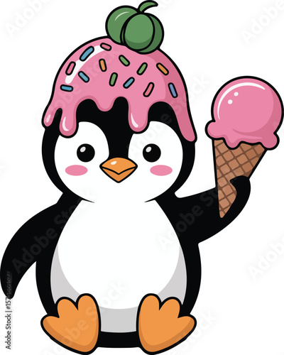 A cartoon penguin joyfully enjoying an ice cream cone Transparent vector png