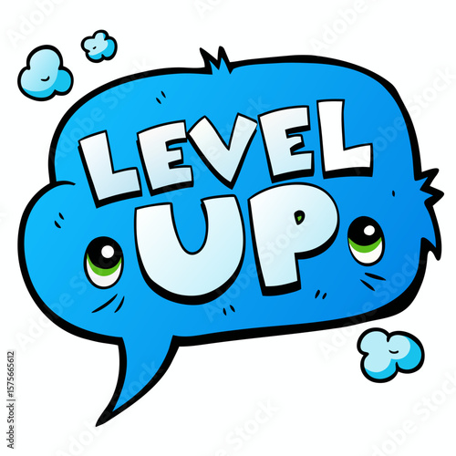 Blue speech bubble with level up text for gaming or achievement concepts