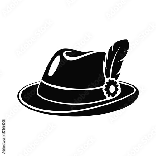 Black fedora hat with feather and flower decoration isolated on white