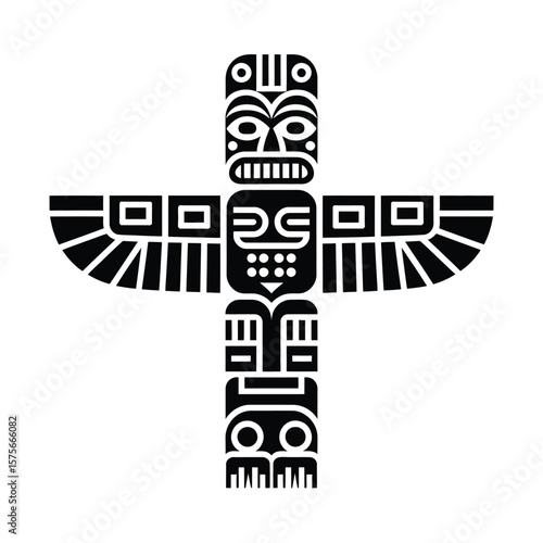 Stylized black and white graphic illustration of a totem pole with geometric designs