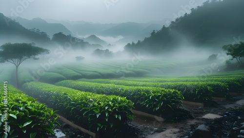 Fog drifting through rows of tea plants in highland farm