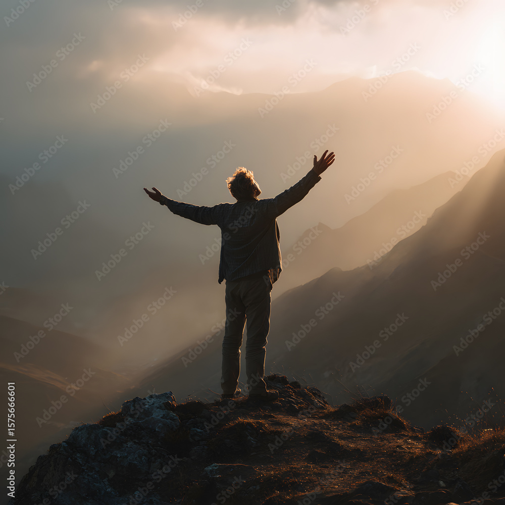 A person stands triumphantly on a rocky outcrop, arms open wide, as the sun sets behind mountains, casting golden rays through the clouds, creating a mood of freedom and wonder A person stands triumphantly on a rocky outcrop, arms open wide, as the sun sets behind mountains, casting golden rays through the clouds, creating a mood of freedom and wonder