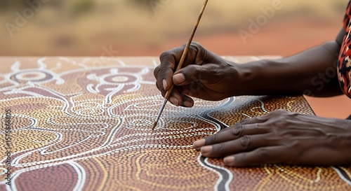 Aboriginal artist meticulously paints intricate dot painting artwork on a wooden board, showcasing traditional techniques and cultural heritage.