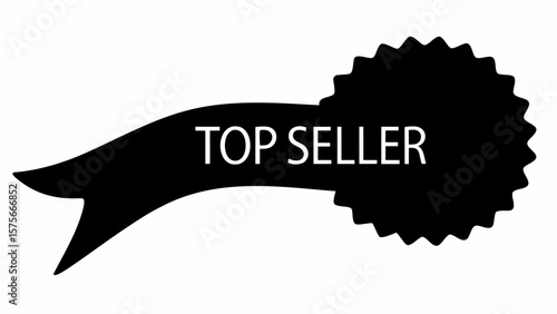 Black top seller ribbon banner with jagged circular edge indicating product popularity and high sales volume