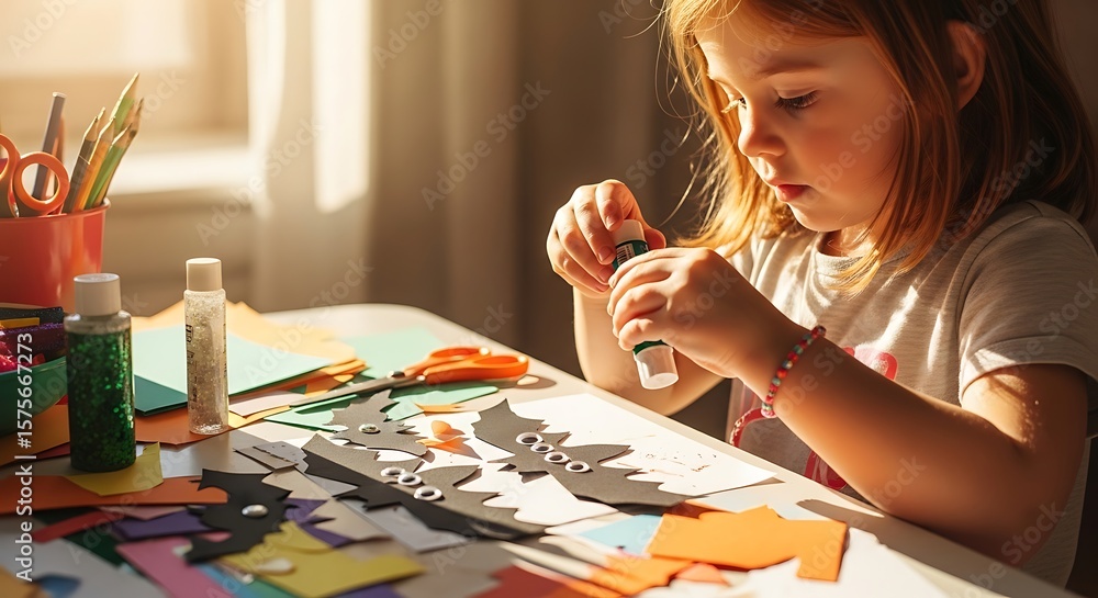 Fototapeta premium Golden Hour Crafts: Child's Focused Creation of Paper Bats