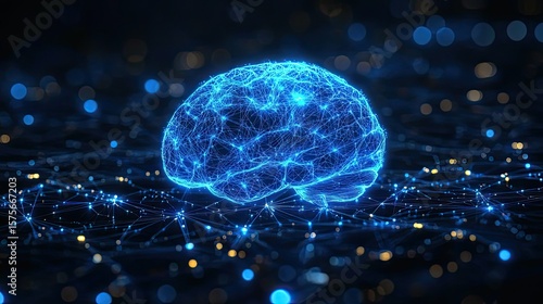 Blue neon AI brain glowing in dark background, futuristic concept of machine learning and intelligence