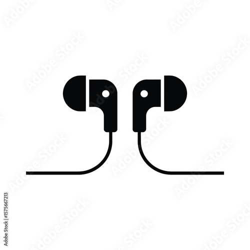 Simple black icon of wired earbuds with white dots on a clean white background