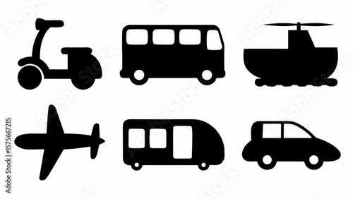 Silhouette icons depicting various modes of transportation including a scooter, bus, and airplane, exactly 100